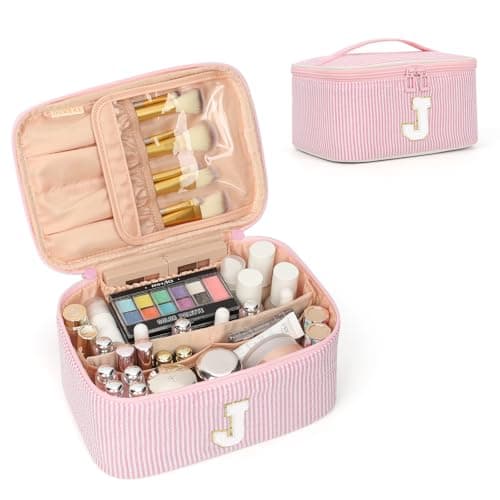 OCHEAL Makeup Bag for Women Monogram Cosmetic Bag Pink Travel Makeup Case Beauty Toiletry Bag Organizer Personalized Gifts for Girls Bridesmaid Sister Wife Friends Initial J