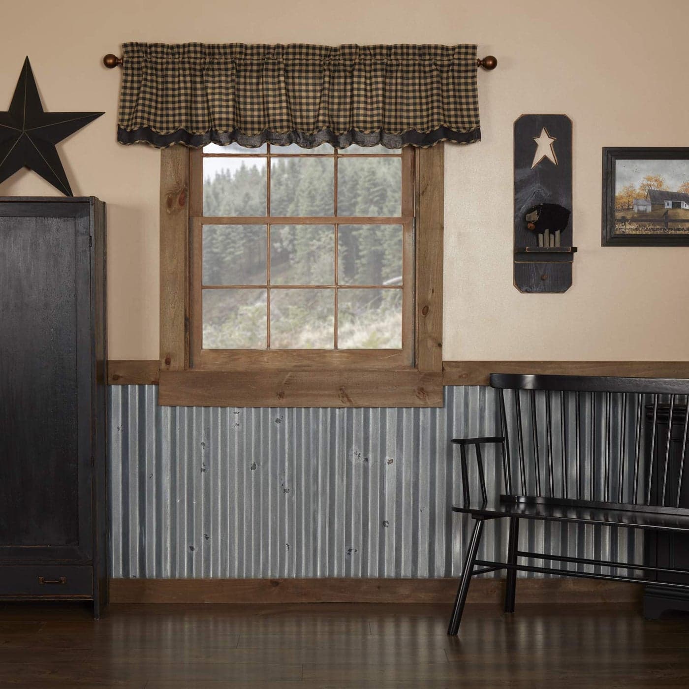 VHC Brands Black Check Cotton 16x72 Scalloped Layered Valance Black