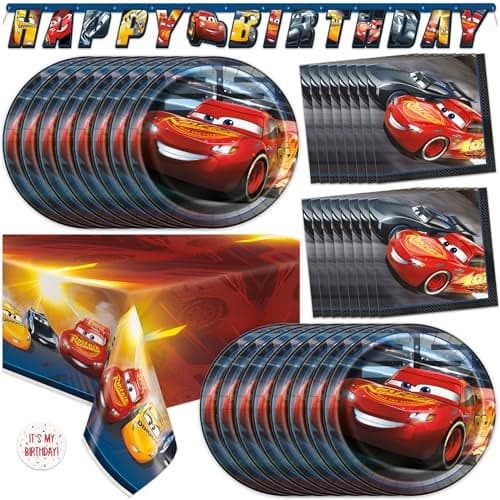 Disney Cars Birthday Decorations Lightning McQueen Birthday Decorations Serves 16 Banner Tablecloth Plates Napkins Sticker Officially Licensed