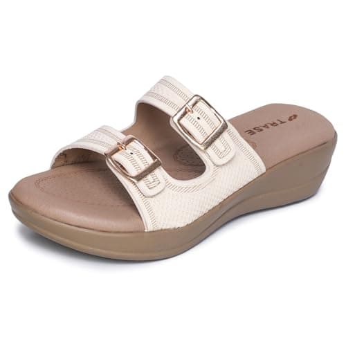 TRASE Stylish Double Strap Wedges Heels Sandals for Women | Comfortable & Lightweight Slip-On Footwear for Girls | Ladies Fashion Sandal for Party, Office & Casual Use (Cream, 9 UK)