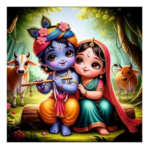 Decals Creation Blue Baal Krishna Bashuri And Radha God Wall Poster For Living Room, Kids Room, Office (Size - 41CM X 41CM)