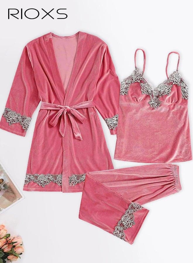 3 Pieces Women's Velvet Pajama Set, Warm Comfortable Velvet Lace Trimed Cami Top, Elastic Waist Long Pants and Robe, Lightweight Breathable Velour Loungewear Nightwear Set for Ladies, Fall Winter Cozy Sleepwear Set with Robe, Pink
