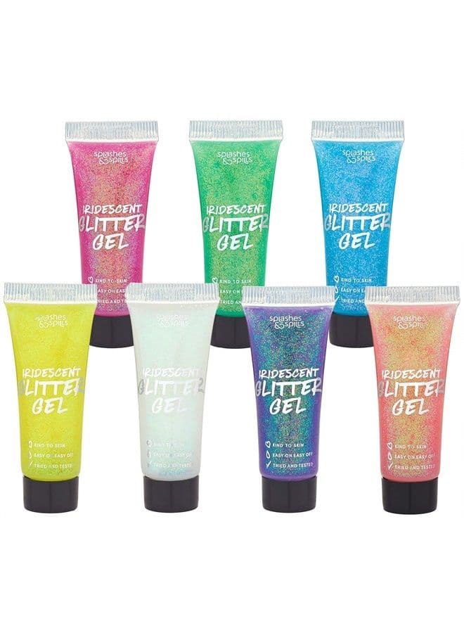 Iridescent Glitter Body Paint Gel - 7 Color Cosmetic Set 10 ml Tubes Shimmer for Hair, Body, Face - Great for Dress Up, Festival, Costume Party, Halloween - by Splashes and Spills
