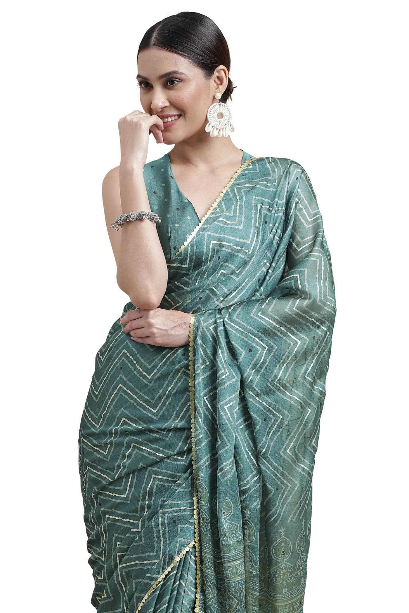 MIRCHI FASHION Women Ready to Wear Chiffon Georgette Saree with Blouse Piece | Readymade 1 Minute Sarees | Pre Draped Sari (41219-Greenish Grey, Maroon)