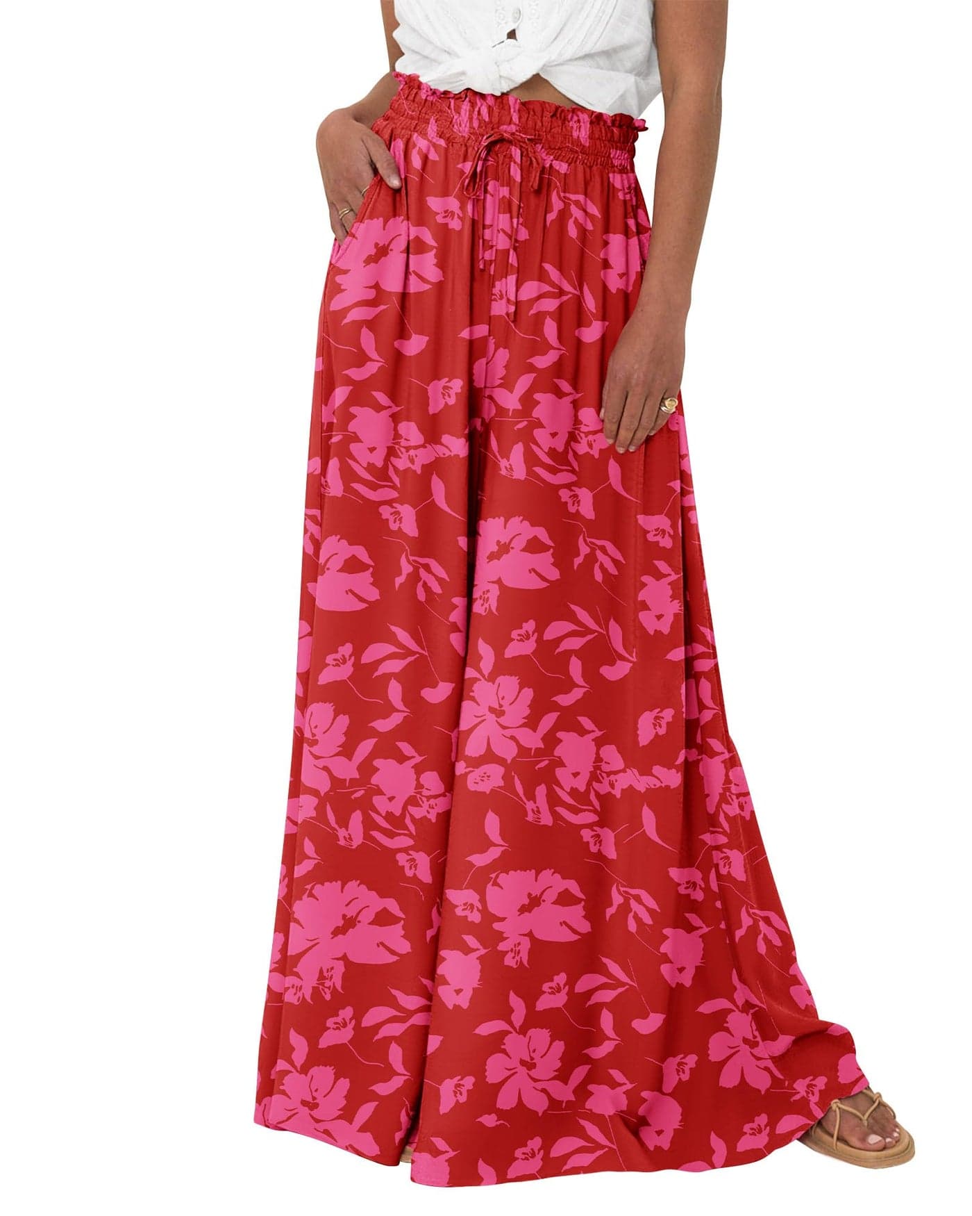 BTFBM Wide Leg Palazzo Pants for Women Casual Flowy High Waist Trousers 2025 Fall Summer Boho Beach Vacation Clothes(Print Red, Large)