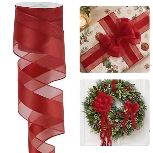 HUIHUANG Red Sheer Wired Ribbon with Satin Stripe 25 inch Red Christmas Ribbon for Trees Bows Making Wreaths Garland Gift Wrapping Wedding Home DecorContinous 10 Yards