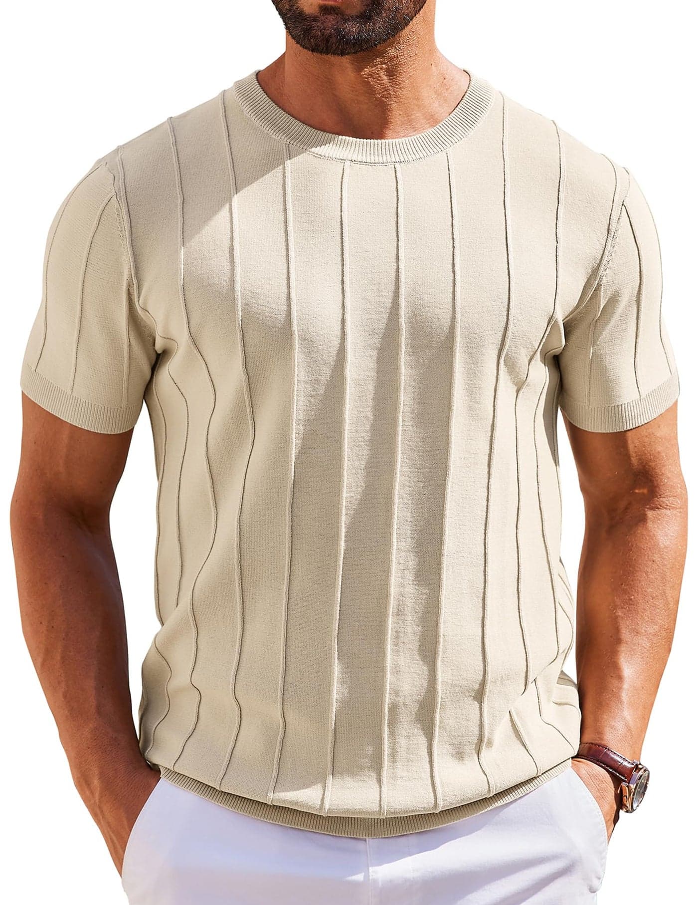 COOFANDY Men's T- Shirts Short Sleeve Knit Sweater Shirt Casual Crewneck Ribbed Pullover Tees Beige