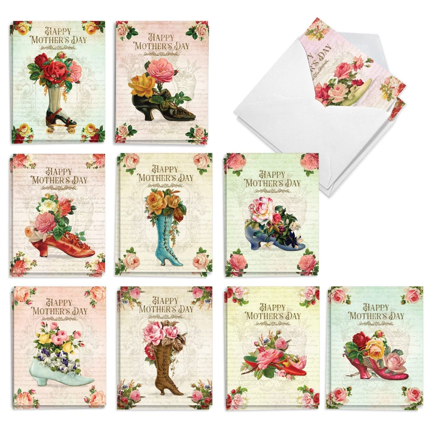 The Best Card Company 20 Assorted Mothers Day Note Cards Bulk Box Set 4 x 512 Inch with Envelopes 10 Designs 2 Each Floral Shoes AM10310MDGB2x10