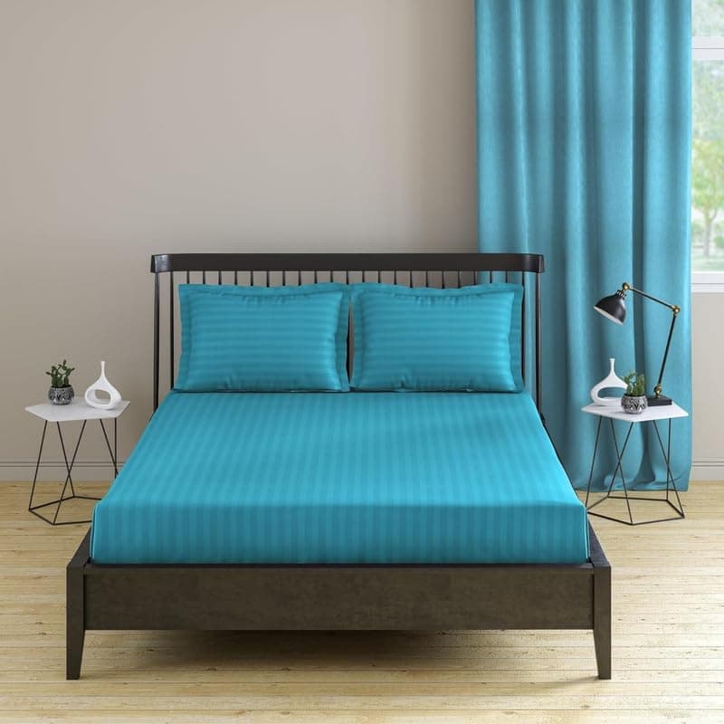Pro Linen Basic 1Cm Satin Stripe Pure Cotton 210Tc 3Pc Bedding Set Queen Luxe Size 275x250 Cm Aqua 1 Bed Sheet 2 Pillow Covers