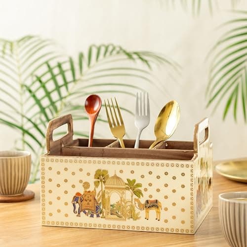 HomeShastra® Wooden Cutlery Holder with Gold Engraving | Pack of 1 | Size : 9 x 7 x 5.5 inch | Enamel Coated Waterproof | Cutlery Holder for Dining Table | (Royal Camel)