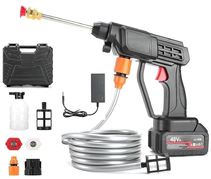 MBUYS MALL Cordless 48V Electric High Pressure Car Washer Manual Rechargeable CarWashing Machine with Adjustable 3in1 Nozzle and 5M Hose Pipe for Washing Cars Watering Flowers Cleaning Floors