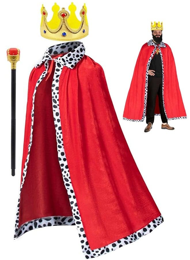 King Costume Set Red Cloak Golden Crown And Scepter Set Prince Capes Halloween Costume For Kids Teen Adult Cosplay Costumes