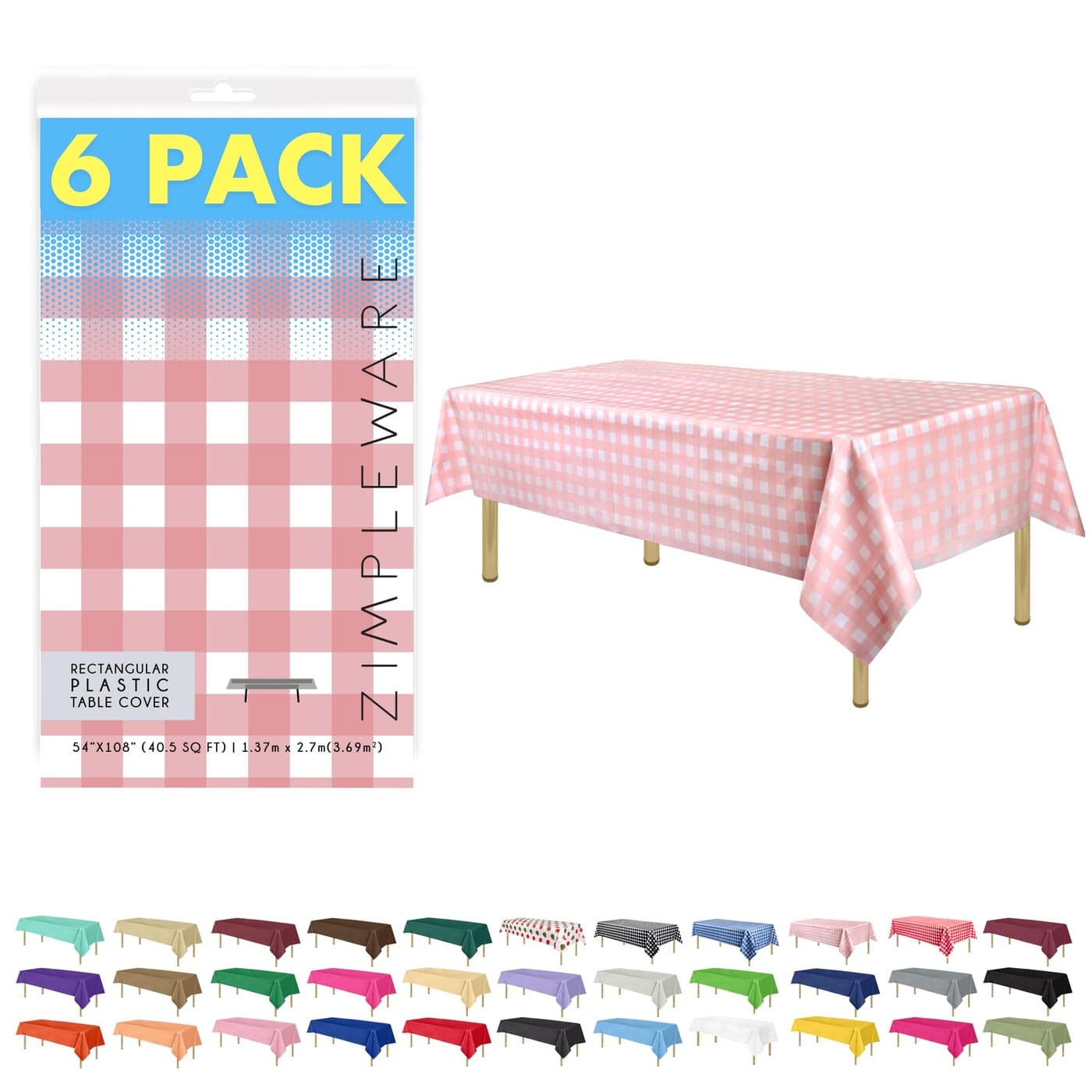 ZIMPLEWARE Premium Pink Gingham Checkered Plastic Table Cloth Disposable 6 Pk Plastic Tablecloths for Rectangle Tables 54in x 108in Party Table Cloths Disposable for 6ft to 8ft Rectangle Tables