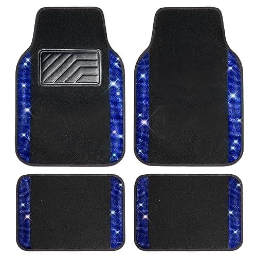 CAR PASS Bling Rhinestones Diamond Car Floor Mat,Sparkly Glitter Shining Crystal Carpet Anti-Slip PVC Heel Pad Waterproof Universal for Automotive SUV,Sedan,Van,4pcs Girl Pretty Women Men Black Blue