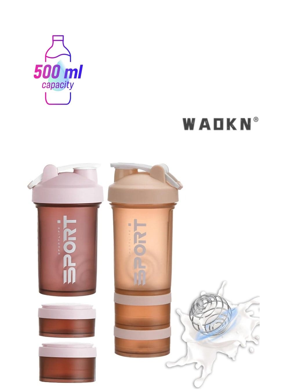 Protein Shaker Bottle 2 Pack 500ml / 17oz Shaker Bottle for Protein Mixes Leak-proof BPA Free 3-Layer Protein Shaker with Supplement Pill Storage Container Gym Shaker Cup (Pink & Orange)