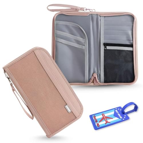 OCEANEVO RFID Blocking Passport Holder for Travel with Luggage Tag, Passport Cover for Men & Women, Passport Pouch for Ticket, Cards, Documents - 25 x 14 x 3 Cm - Pink