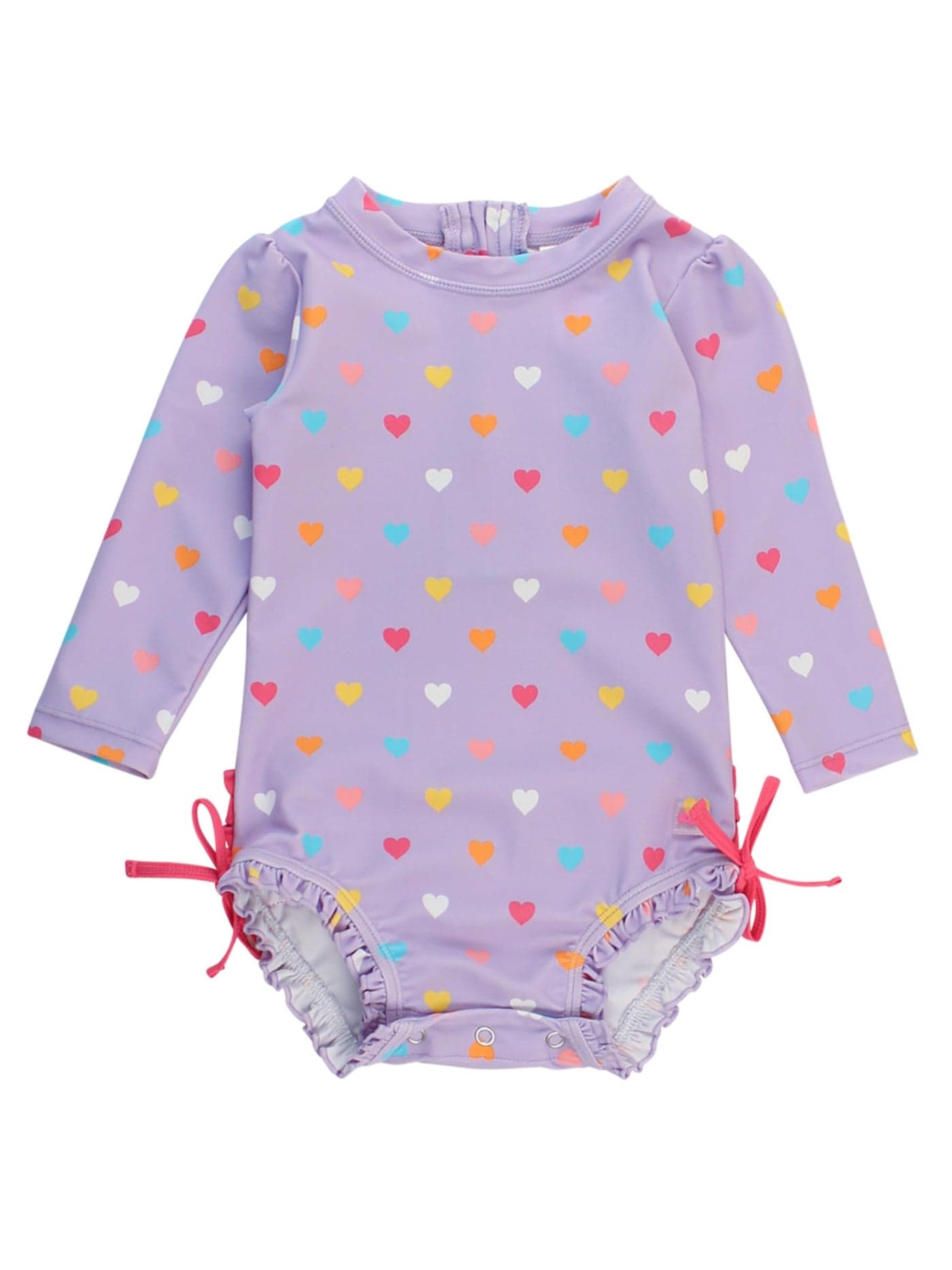 RuffleButts Baby Girls UPF 50+ Sun Protection Polka Dot Long Sleeve One Piece Rash Guard Swimsuit with Zipper - Lavender Colorful Hearts, 6-12m