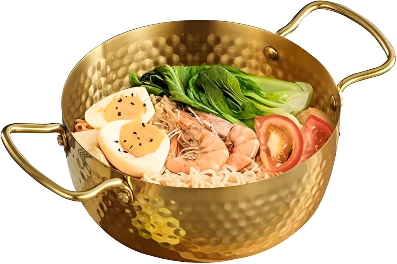 HEVASNEK Elegant Gold Hammered Stainless Steel Noodle Pot with Double Handles Versatile Korean Ramen Cooker Perfect for Soup Curry Pasta and Hearty Stews