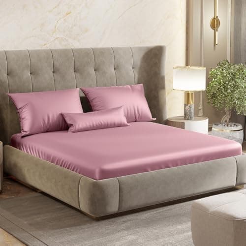 haus & kinder Satin Bedsheets, King Size Bedsheet, 300 TC Premium Satin Elastic Fitted King Size Bed Sheet (72 X 78 X 10 Inches) with 2 Pillow Covers, Elegance and Comfort redefended -Muted Rose