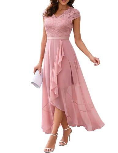 Bbonlinedress Women's Formal Wedding Guest Dress Floral Lace Cocktail Party Prom Bridesmaid Flowy Mother of The Bride Dress Blush L