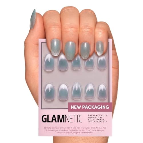 Glamnetic Press On Nails Unicorn Tears Short Oval MistyGrey Nails with a Mesmerizing Metallic Finish 15 Sizes 30 Nail Kit with Glue
