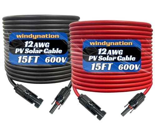 WindyNation 12 Gauge 12 AWG Pair 15 Feet Black 15 Feet Red PV Photovoltaic Solar Panel Extension Cable Wire Solar Connector