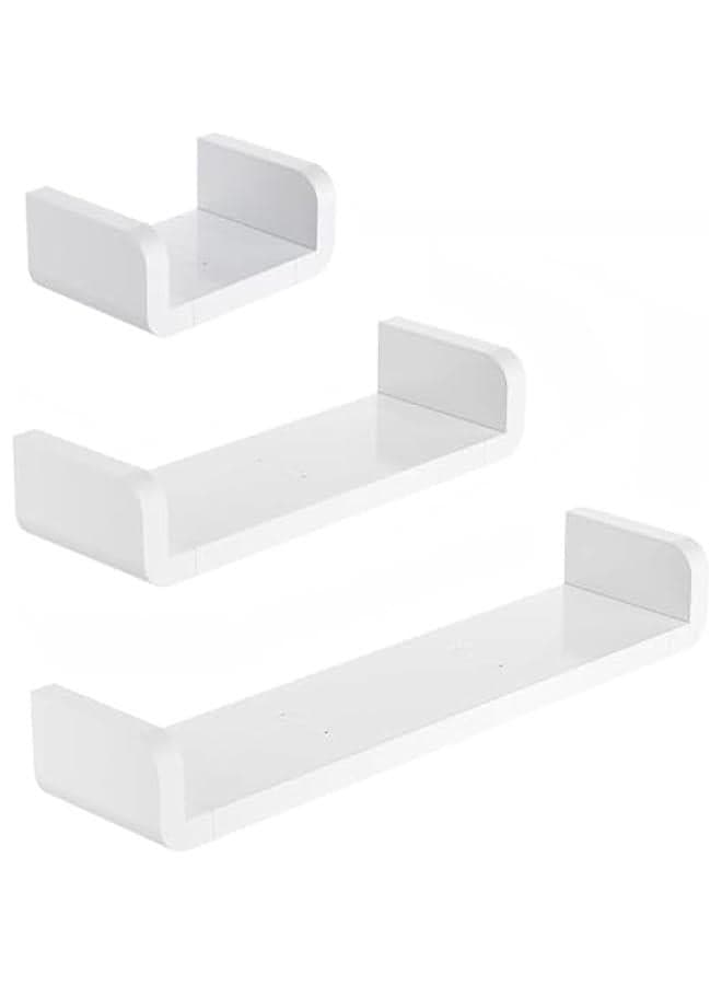 Set of 3 White Floating Shelves U Ledge Display Plastic Wall Shelf Stick On Damage Free Non-Drilling Removable Wall Decor for Home Living Room Kitchen Bathroom Indoor