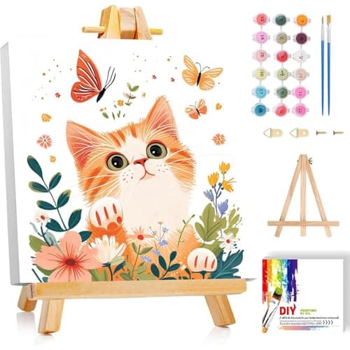 cviokrdu Cat Paint by Numbers Kit for Kids with Frame - Wooden Easel, Animals Paint by Numbers for Kids Ages 4 8 12, Easy Acrylic Oil Painting Kits for Home Wall Decoration 8x8 inch