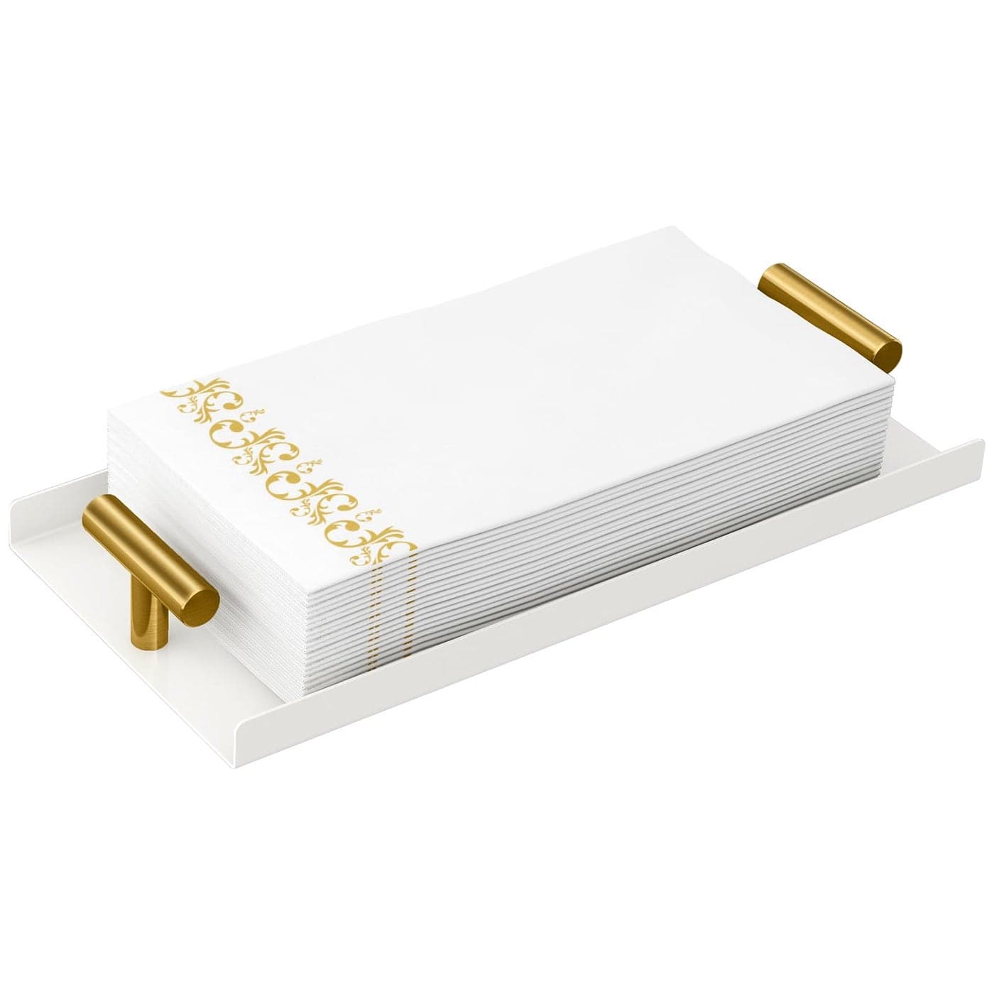 STWWO Napkin Holder for Bathroom Guest Towel Holder Tray for Bathroom White Guest Napkin Holders with Golden THandle Disposable Hand Towel Tray for Guest Room Table Kitchen