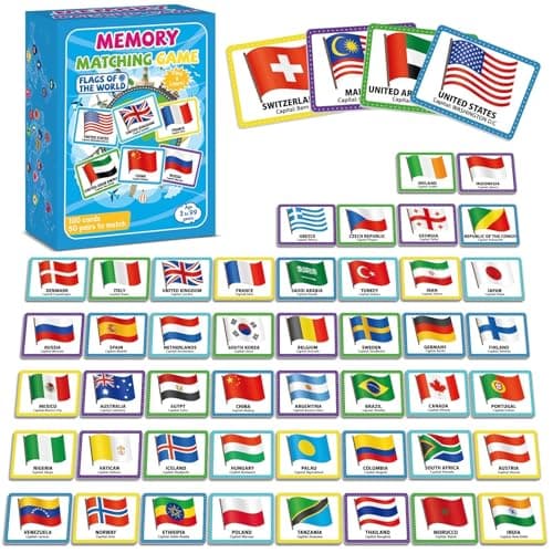gisgfim 100 PCS Memory Matching Game Flags of The World Concentration Memory Card for Kids and Adults Learning Educational A Fun Fast Countries of The World Matching Games