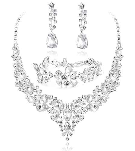 LOYALLOOK Teardrop Cluster Rhinestone Crystal Bridal Jewelry Set for Women Statement Choker Necklace Teardrop Dangle Earrings Crystal Bracelets Sets for Bridesmaid Wedding Party Prom