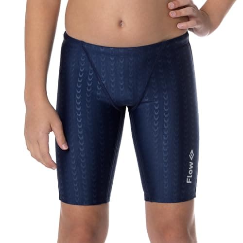 Flow Accelerate Swim Jammers - Size 21 to 32 Swimming Jammer Shorts for Boys in Black, Navy, and Blue (26, Navy Crescents)