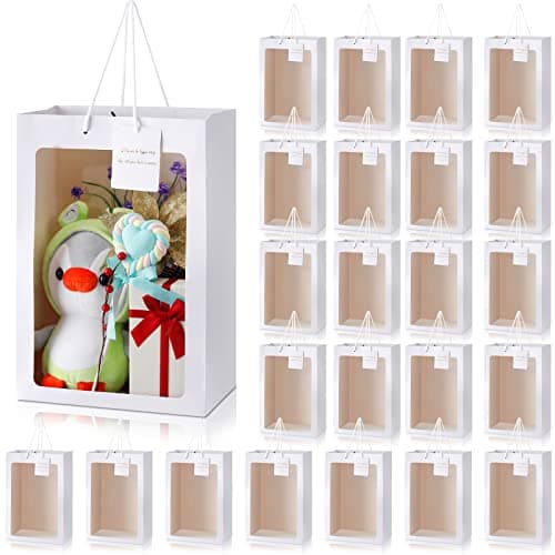 Yahenda 24 Pcs Graduation Gift Bags with Clear Window 13.8 x 9.8 x 5.9 Large Transparent Paper Flower Bouquet Bags Totes with Handle for Grad Wedding Birthday(White)