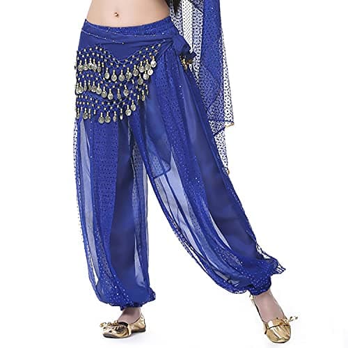 VRITRAZ Belly Dance Harem Pants with Hip Scarf Ringy Golden Coins Fancy Costume Set for Women & Girls (Royal Blue) | Chiffon Dance Pants for Party, Stage Performance & Festival Wear