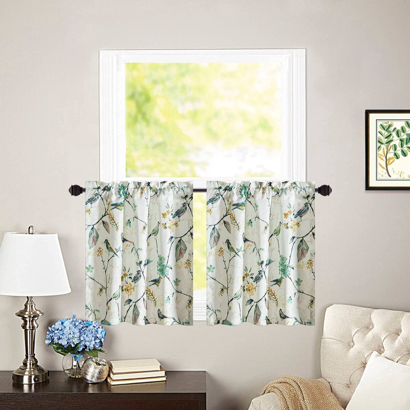 VOGOL Short Curtains for Windows Tier Curtains for Living Room Cafe Kitchen Bathroom Birds Pattern Decorative Small Window Treatment 30 x 24 2 Panels Rod Pocket