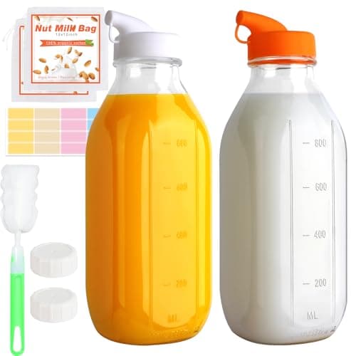 CARBLIN 32 Oz Glass Milk Bottles, 2 Pack Scale Mark Drinking Jug with 2 Nut Milk Bags& Airtight Screw Lid & Silicone Pour Cap& Stickers, 1 Quart Reusable Juice Bottle Water Pitcher for Coffee Yogurt