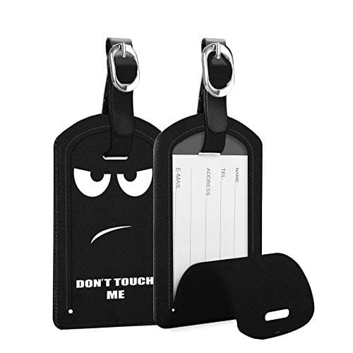 FINTIE 2 Pack Luggage Tags, Leather Name ID Labels with Privacy Cover for Travel Bag Suitcase, Theme - Don't Touch Me