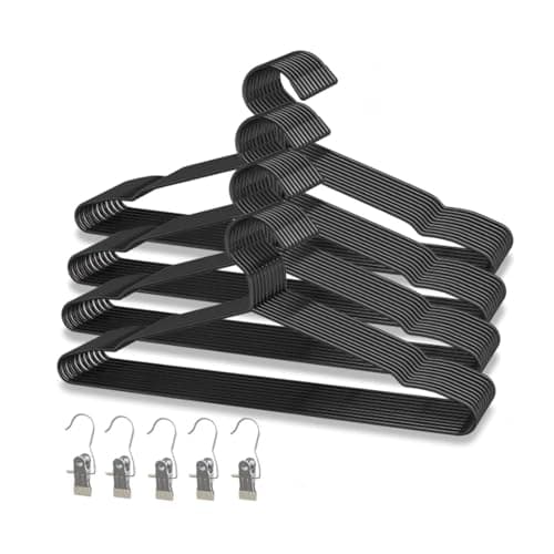 40Pack+5 Clips Luxurious Hanger Set, 16.69" Heavy Duty Matte Black Metal Hangers, Weight Capacity 50lbs Smooth Powder Coated Finish, Non-Slip Compact Shirt Hangers
