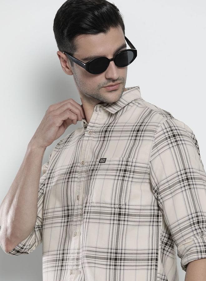 Men Cream Plaid Slim Fit Shirt