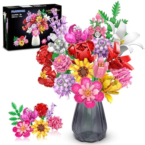 PLAXSOON Flower Bouquet Building Set Valentines Day Botanical Collection Building Block Toy 1464 PCS 18 Flowers Rose Sunflower Home Plant Decor Birthday Gifts for Adults Women Boys Girls 812