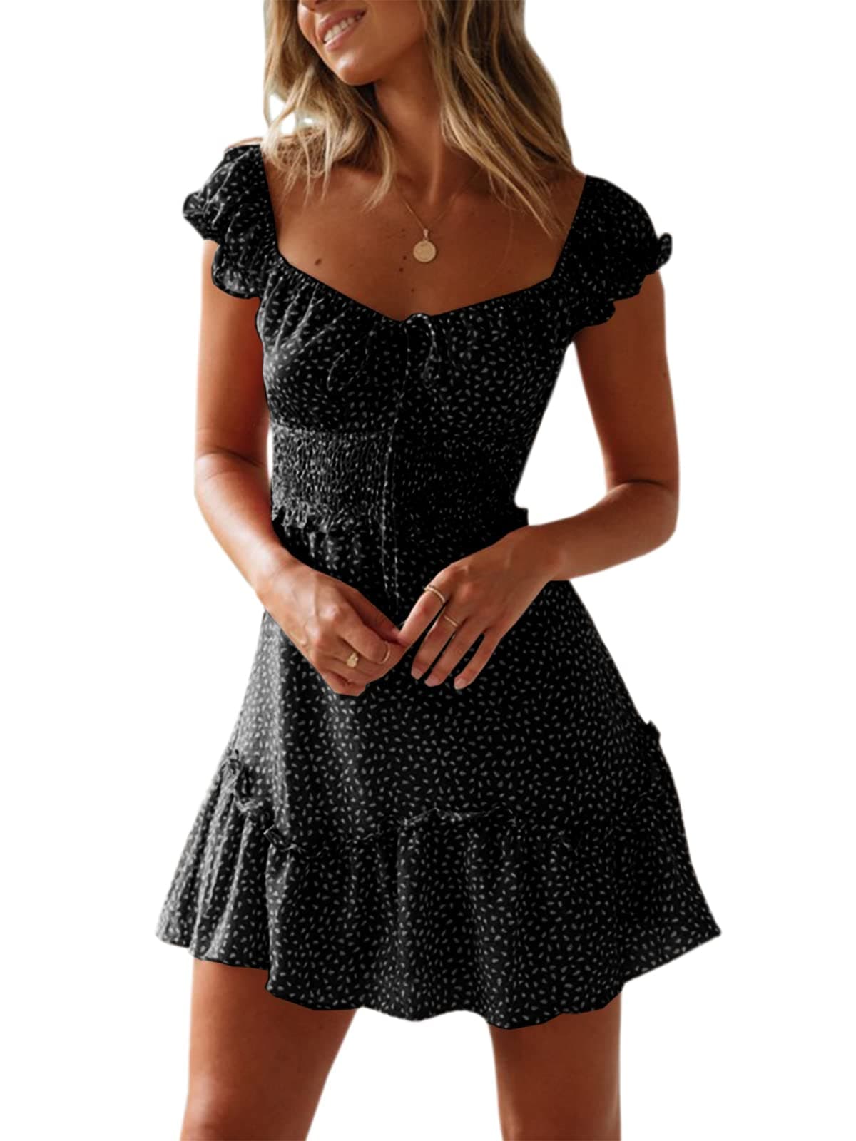 YOBECHO Women's Summer Ruffle Sleeve Sweetheart Neckline Printing Dress Mini Dress (Large, Black)