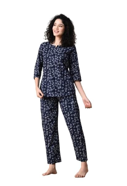 Ichaa Women's Cotton Blue Printed Top and Pyjama Night Wear Night Suit or Lounge Wear Set