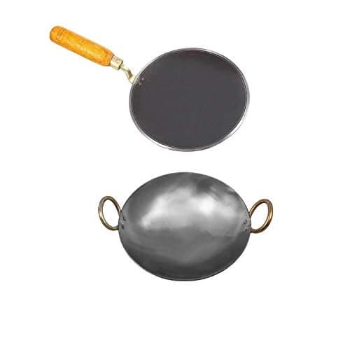 KITCHEN SHOPEE Traditional Black tawa and 10 Inch Iron Kadai for Cooking