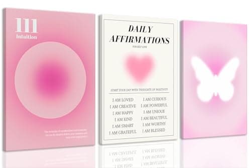 KISSFOX 3 Piece Canvas Wall Art Pink Heart Bow Wall Decor Aura Framed Art Self Love Angel Number Pictures Trendy Aesthetic Preppy Paintings For Apartment Dorm Women Girls Bedroom