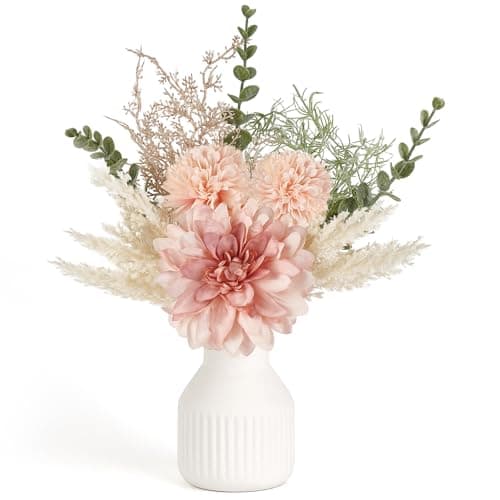 Mkono Small Artificial Flowers in Ceramic Vase 125 Centerpieces Coffee Table Decor Silk Flower Arrangements for Home Decor Indoor Fake Flower Bouquet for Bathroom Dining Room Kitchen Wedding Pink