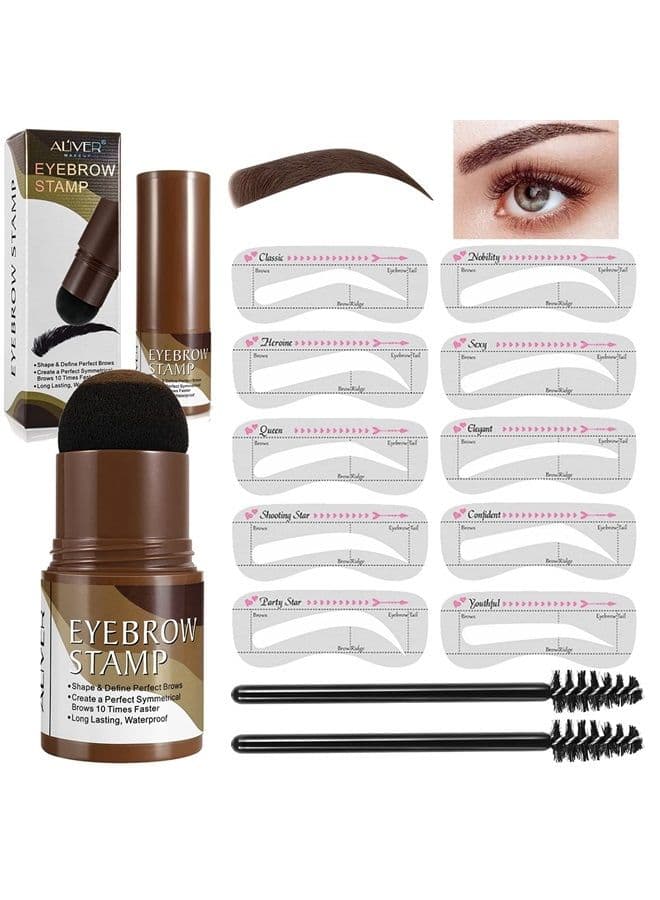 Eyebrow Definer Powder Stamp Makeup with 10 Reusable Stencils Long Lasting Waterproof for Perfect Brow (Dark Brown)