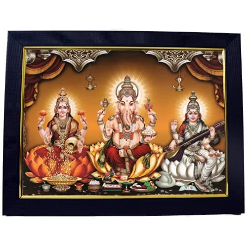 101 Temples - Divinity Eternity Spirituality Lakshmi Ganesha Saraswati Wooden Photo Frame For Diwali, Dhanteras, House Warming (10 X 13", Matt Finish Wall Mount