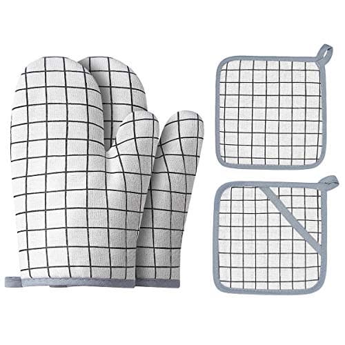 Win Change Oven Mitts and Potholders BBQ Gloves-Oven Mitts and Pot Holders with Recycled Infill Silicone Non-Slip Cooking Gloves for Cooking Baking Grilling (4-Piece Set) (White)