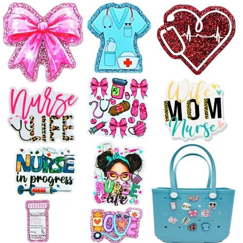HYTYQDAFA 10PCS Nurse Life Charms for Bogg Bag Accessories, Cute Acrylic Medical Bag Charms with Sturdy Clips for Simply Southern Beach Totes Bag,Decoration Accessories for Nurse Girls Women