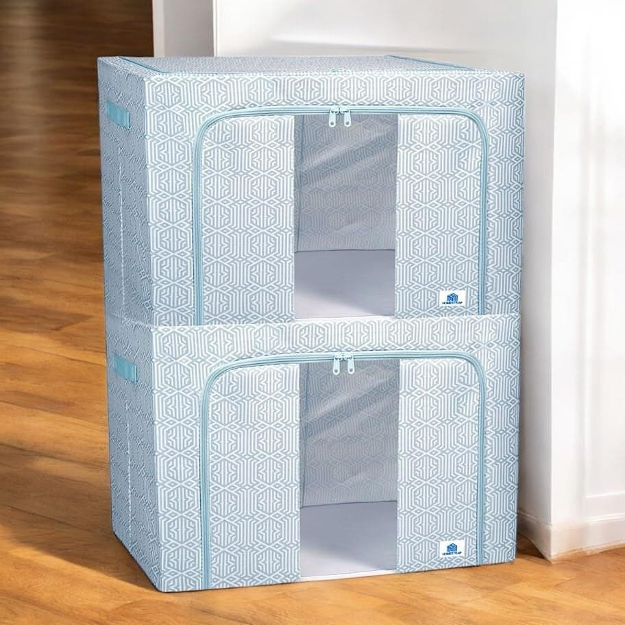 HomeStrap 100L Foldable Large Living Box Oxford Fabric Organizer with Stainless Steel Frame Transparent Window Zipper Handles Ideal for Comforters Clothes Quilts Pack of 2